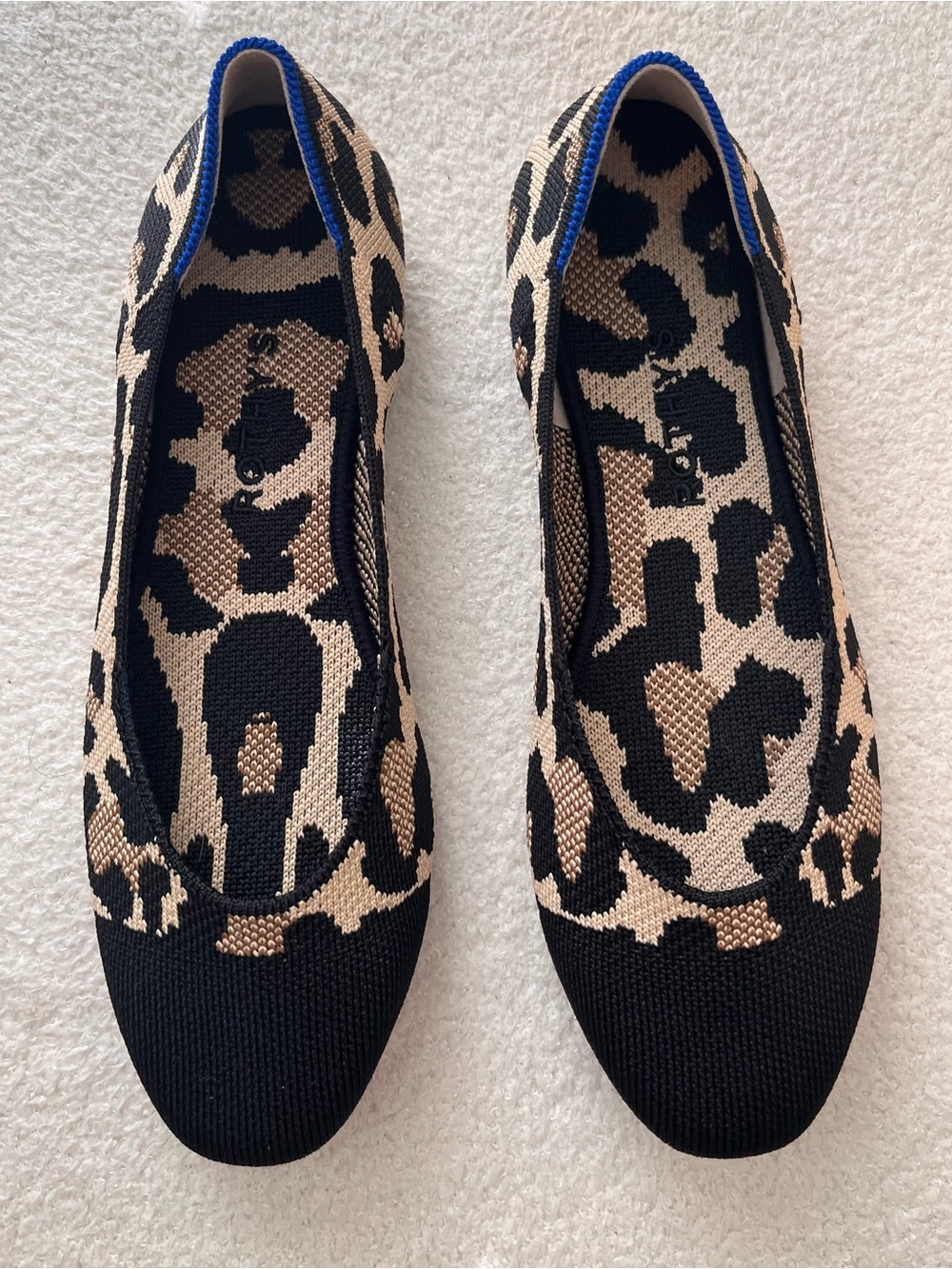 Rothy's Black and Tan Leopard Knit Flats with Blue Trim